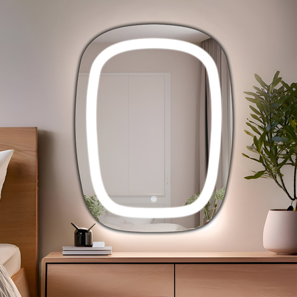 TR7571 60cmx45cm One Side Curve Edge LED Mirror for Bathroom with 3Lights Color Tone and Touch Sensor - Rectangle Shape