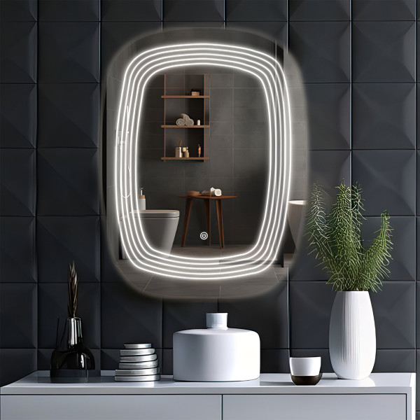 TR7571-4 Line 60cmx45cm One Side Curve Edge LED Mirror for Bathroom with 3Lights Color Tone and Touch Sensor - Rectangle Shape