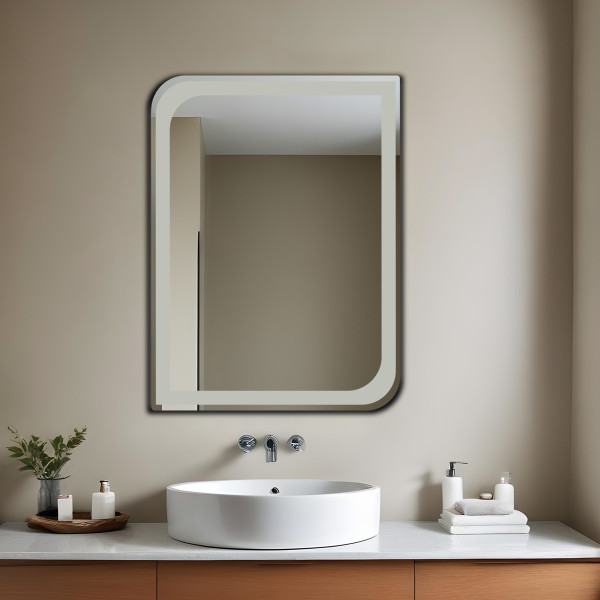 TR7557-Frosted 60cmx45cm One Side Curve Edge Wall Mounted Frameless Mirror - Rectangle Shape