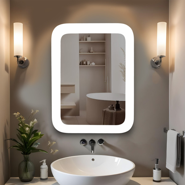 TR7553-White Lacquared 60cmx60cm Curve Edge Frameless Wall Mounted Mirror - Rectangle Shape