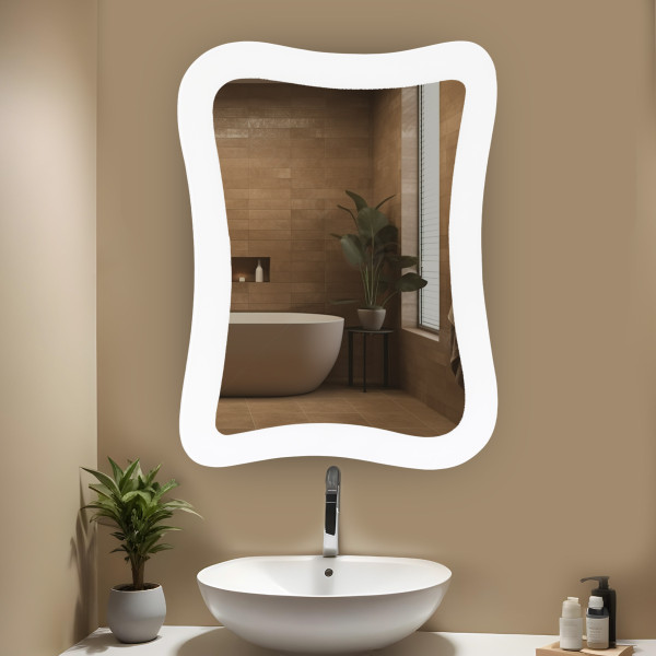 TR7562-White Lacquared 60cmx45cm Designer Wall Mounted Frameless Mirror - Amoeba Shape