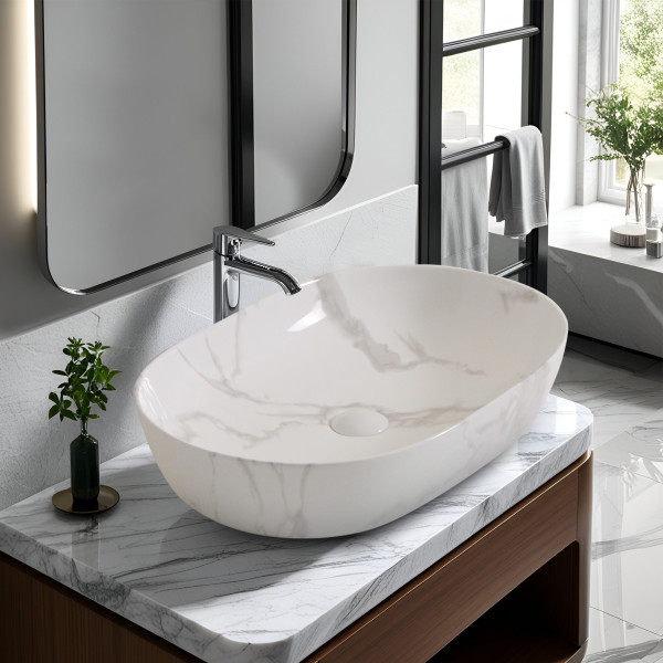 Bistro White Marble - Glossy Finish Counter Top Ceramic Designer Washbasin