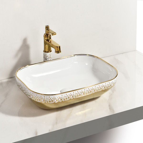 Germa Tabletop Ceramic Designer Washbasin For Bathroom - TR20027-WLG (White Leno Gold)