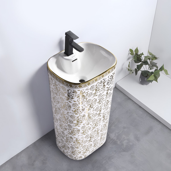 Germa Ceramic Pedestal Free Standing Wash Basin For Bathroom & Living Room - TR20201-FG (Flora Gold)