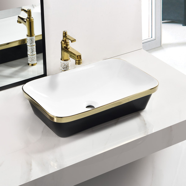 Germa Premium Tabletop Rectangular Ceramic Designer Washbasin For Bathroom - TR20046-WBG (White Black Gold)