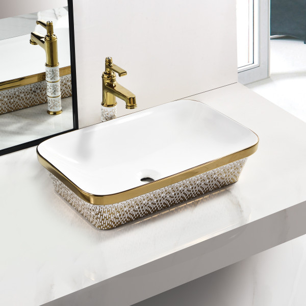 Germa Premium Tabletop Rectangular Ceramic Designer Washbasin For Bathroom - TR20046-WLG (White Leno Gold)