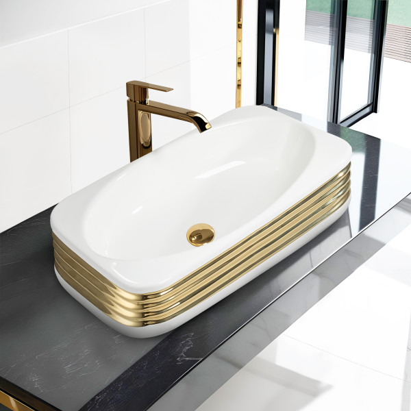 Jonez White+Gold - Glossy Finish Ceramic Table Top Designer Washbasin