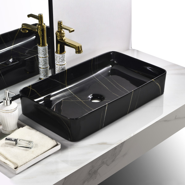 Germa Tabletop Ceramic Designer Rectangular Washbasin For Bathroom - TR20010-BL (Black Linome)