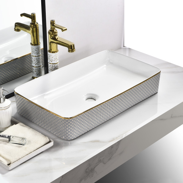 Germa Tabletop Ceramic Designer Rectangular Washbasin For Bathroom - TR20010-E (White Marble)