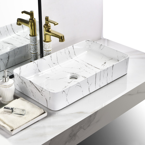 Germa Tabletop Ceramic Designer Rectangular Washbasin For Bathroom - TR20010-WL (White Linome)