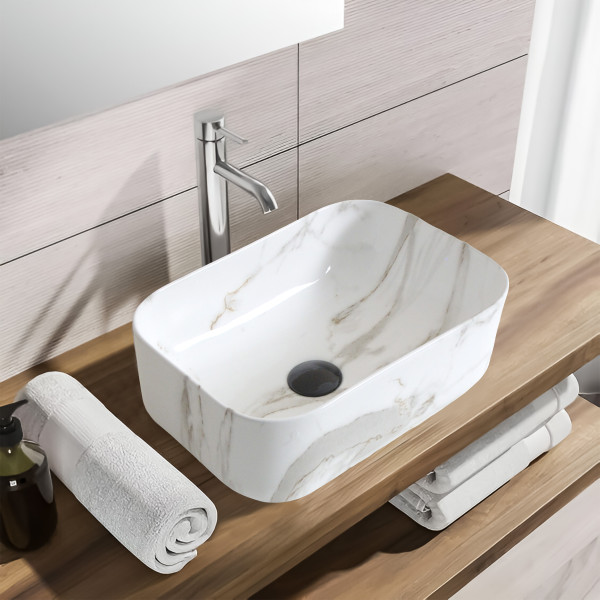 Spade Mini White Marble - Glossy Ceramic Countertop Designer Washbasin