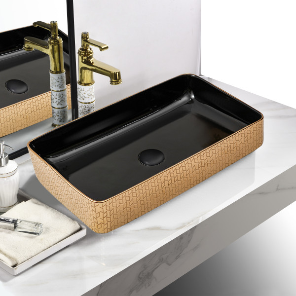 Germa Tabletop Ceramic Designer Rectangular Washbasin For Bathroom - TR20010-NRGB (Rose Gold Black)