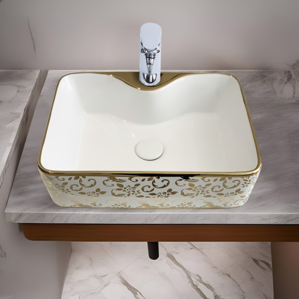 Retro Flora Gold - Glossy Finish Table Top Ceramic Designer Washbasin