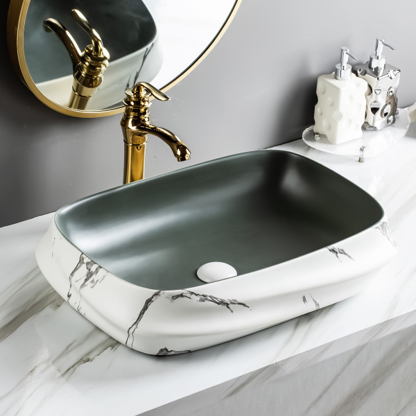 Riva Dual Grey+Carara White Marble - Glossy Finish Premium Ceramic Table Top Designer Washbasin