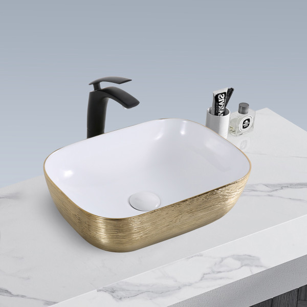 Germa Glossy Finish Ceramic Designer Washbasin For Bathroom and Living Room - TR20017-LG (Line Gold)