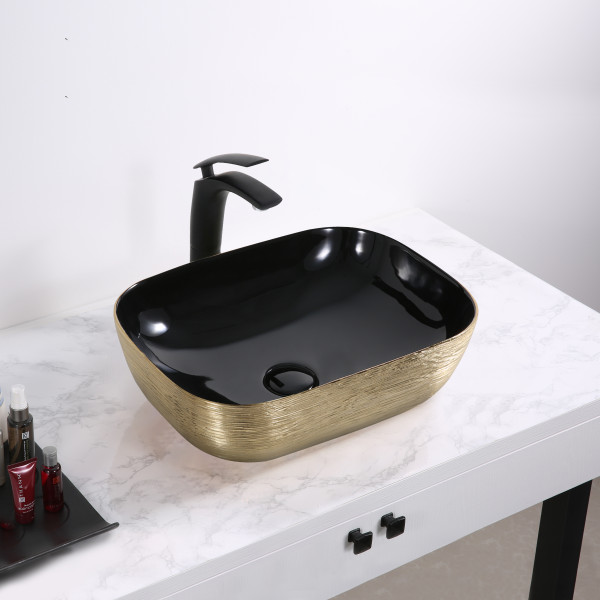 Germa Glossy Finish Ceramic Designer Washbasin For Bathroom and Living Room - TR20017-LGB (Line Gold Black)