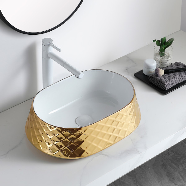 Germa Premium Table Top Ceramic Designer Wash Basin For Bathroom - TR20056-WRG (Xtreme White Rose Gold)