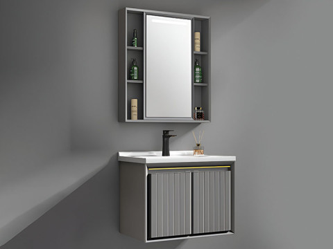 Germa Bathroom Vanity Cabinet & Washbasin With Led Mirror Strip Cabinet TR3515 (Vertical Line Grey) - TR3515-60cm (Vertical Line Grey)