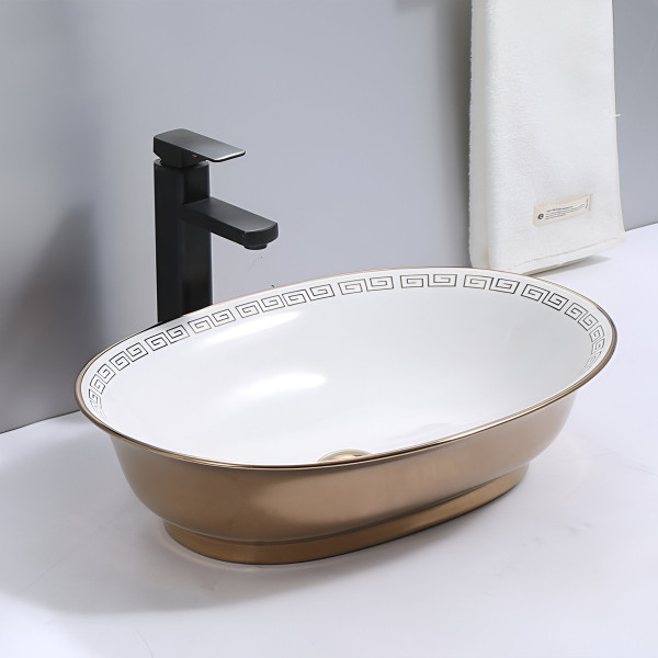 Germa Premium Table Top Ceramic Designer Wash Basin For Bathroom - TR20033-WRG (White Rose Gold)